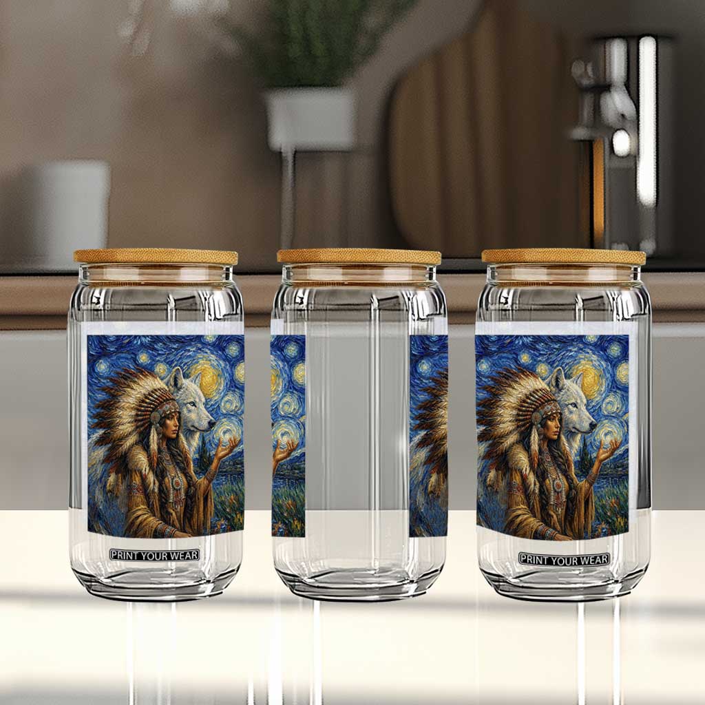 Native American Woman And White Wolf Glass Can Starry Night Inspired Art TS12 Print Your Wear