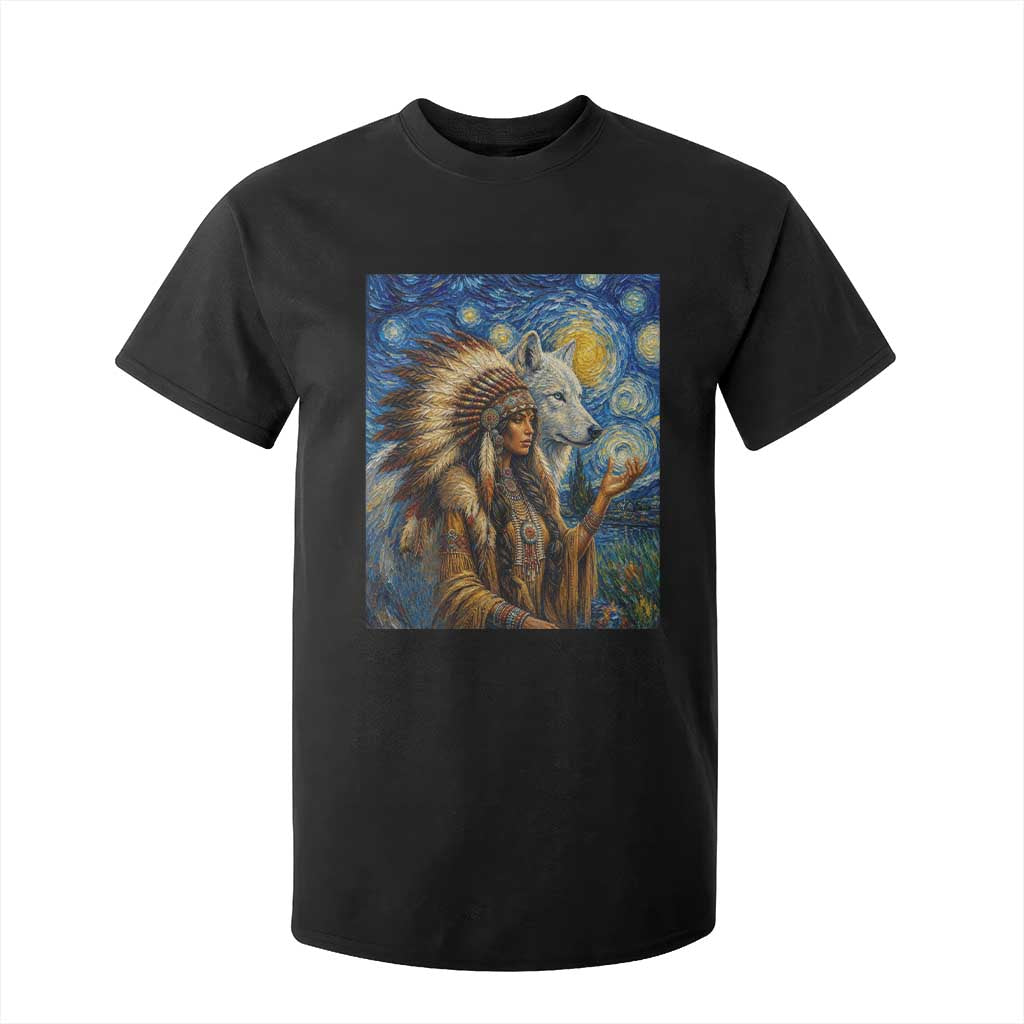 Native American Woman And White Wolf T Shirt For Kid Starry Night Inspired Art TS12 Black Print Your Wear