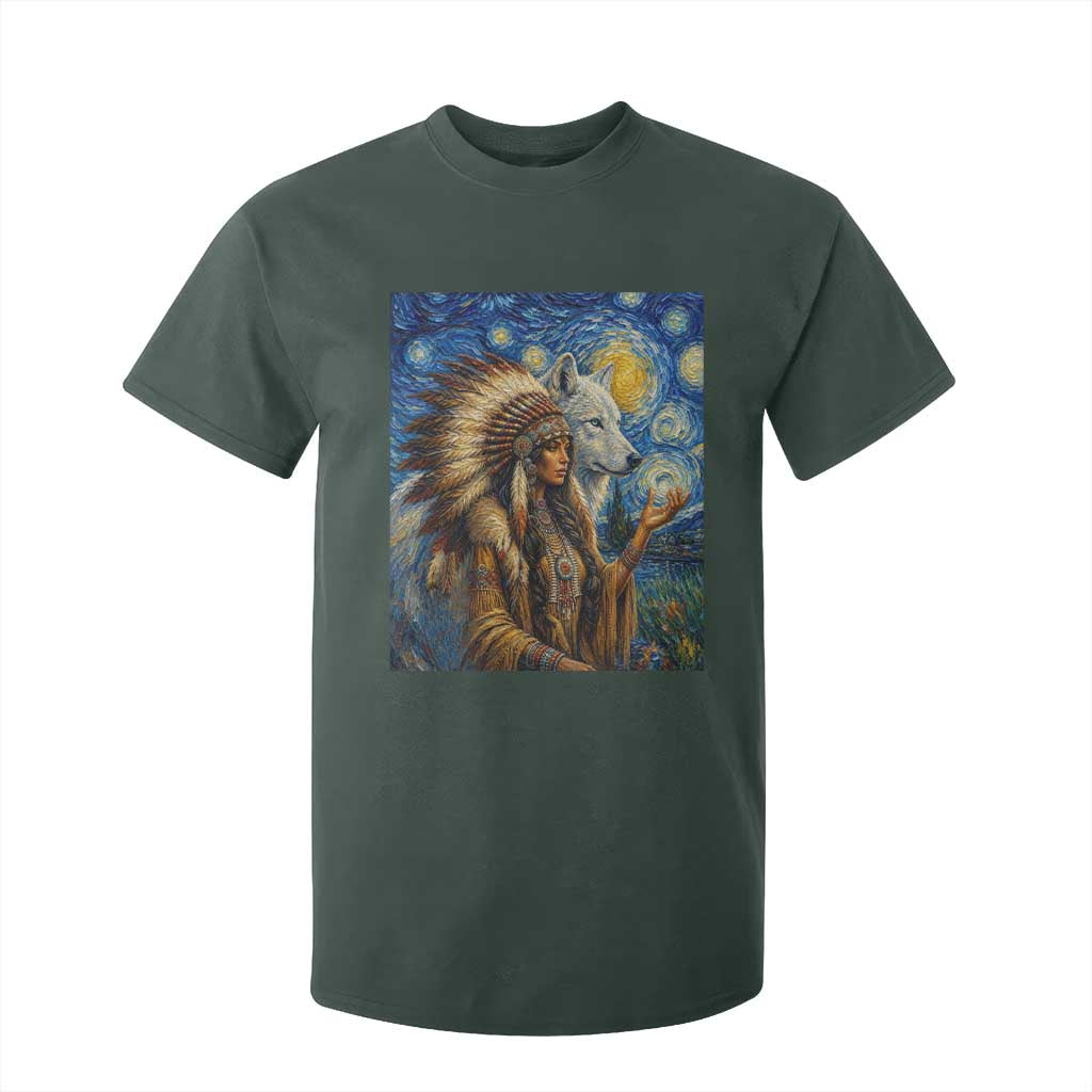 Native American Woman And White Wolf T Shirt For Kid Starry Night Inspired Art TS12 Dark Forest Green Print Your Wear
