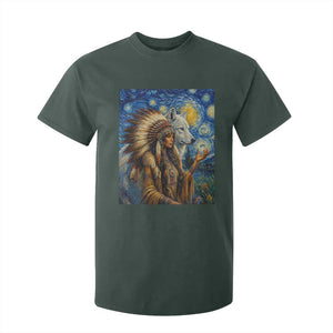 Native American Woman And White Wolf T Shirt For Kid Starry Night Inspired Art TS12 Dark Forest Green Print Your Wear