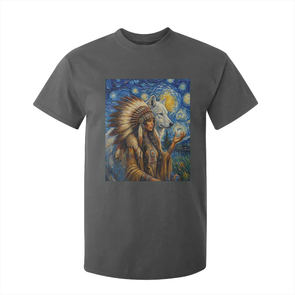 Native American Woman And White Wolf T Shirt For Kid Starry Night Inspired Art TS12 Dark Heather Print Your Wear
