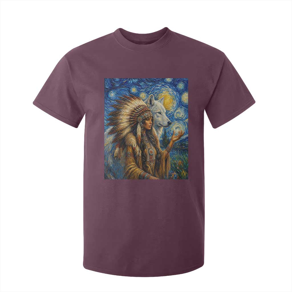 Native American Woman And White Wolf T Shirt For Kid Starry Night Inspired Art TS12 Maroon Print Your Wear