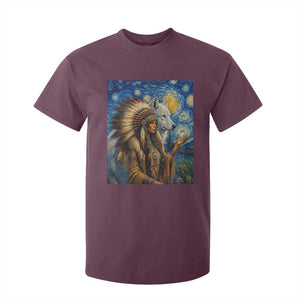Native American Woman And White Wolf T Shirt For Kid Starry Night Inspired Art TS12 Maroon Print Your Wear