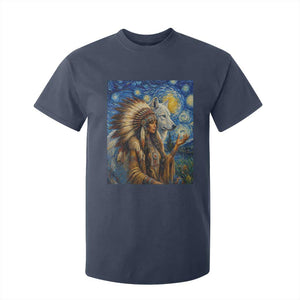 Native American Woman And White Wolf T Shirt For Kid Starry Night Inspired Art TS12 Navy Print Your Wear