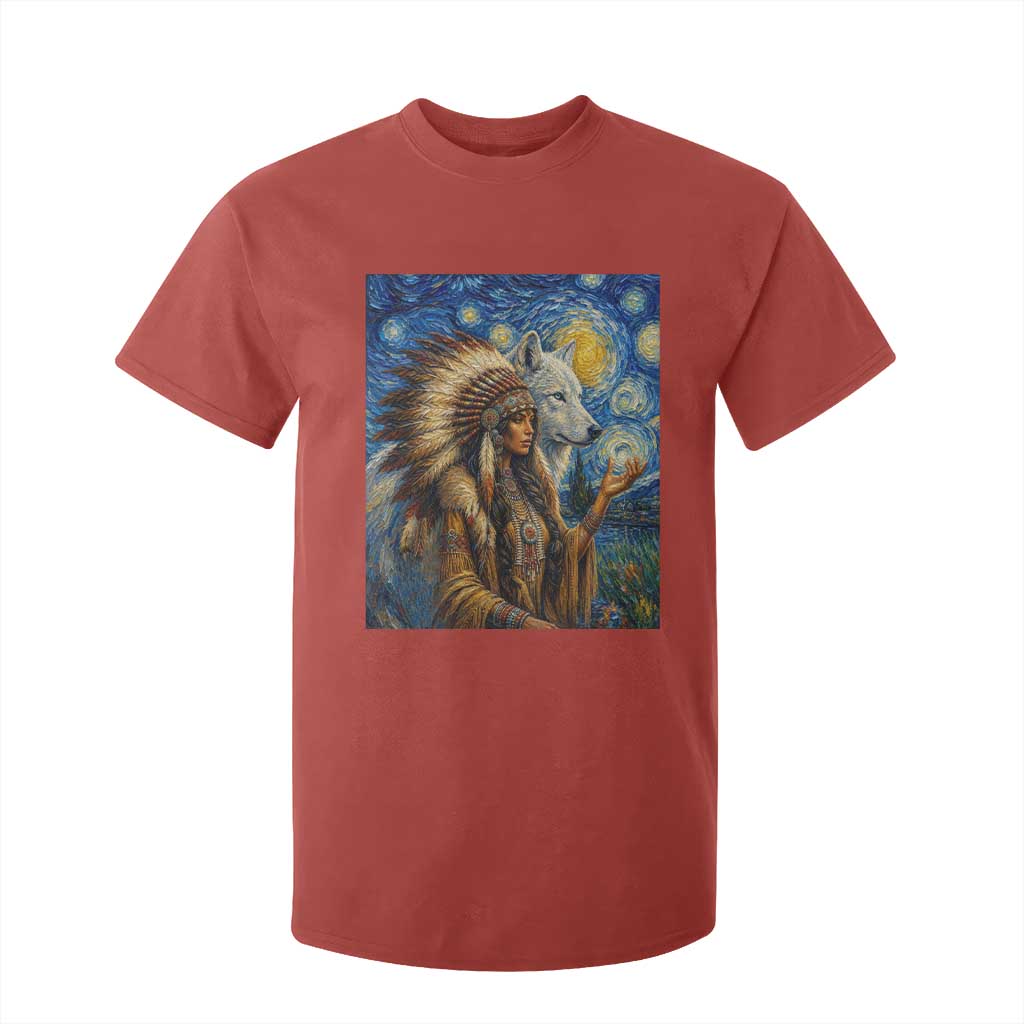 Native American Woman And White Wolf T Shirt For Kid Starry Night Inspired Art TS12 Red Print Your Wear
