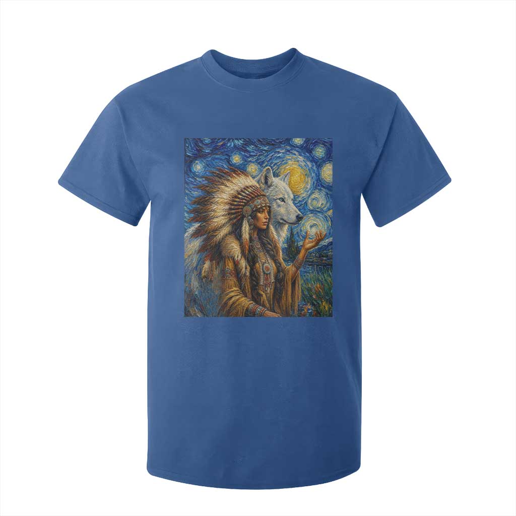 Native American Woman And White Wolf T Shirt For Kid Starry Night Inspired Art TS12 Royal Blue Print Your Wear
