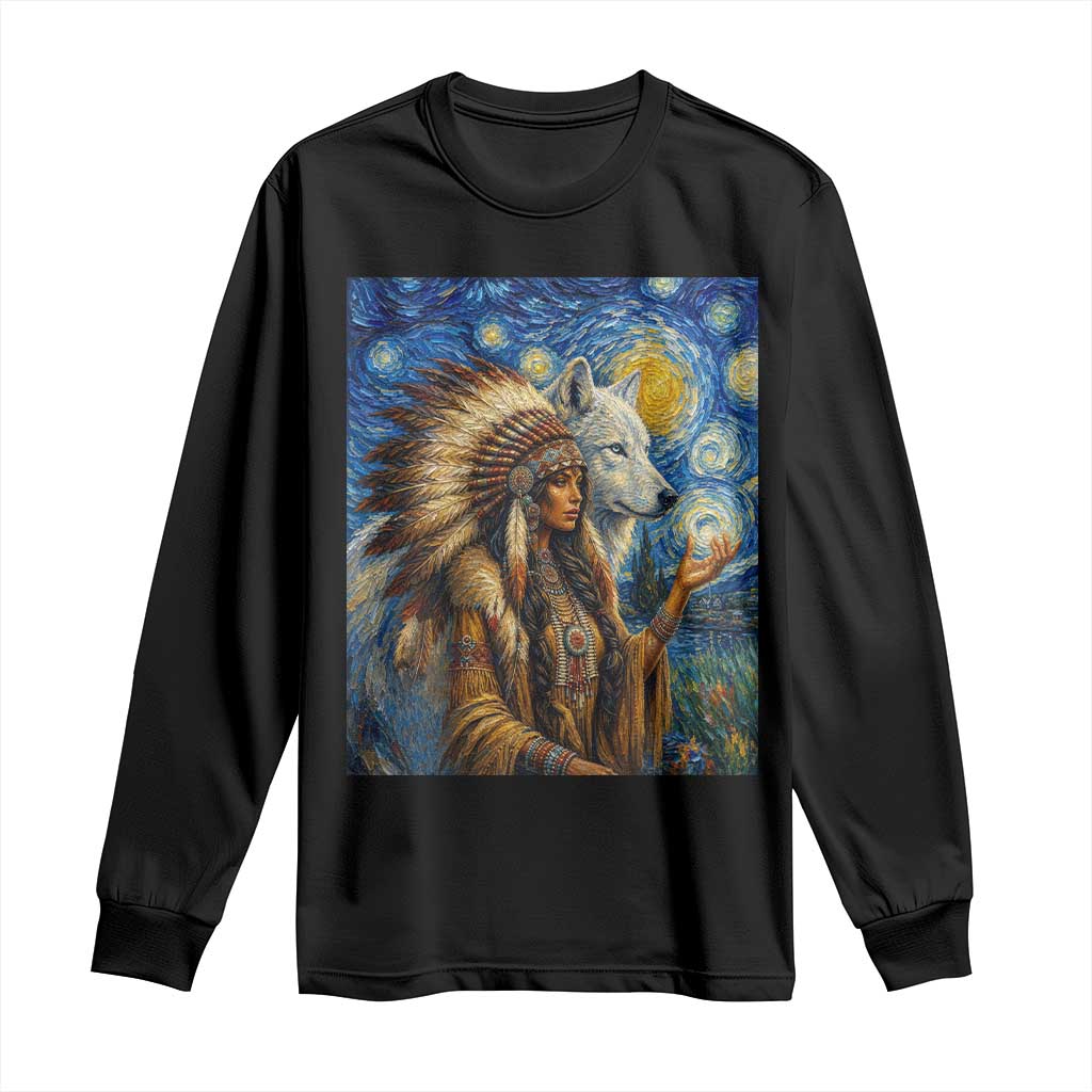 Native American Woman And White Wolf Long Sleeve Shirt Starry Night Inspired Art TS12 Black Print Your Wear