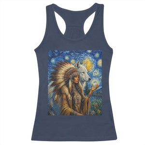 Native American Woman And White Wolf Racerback Tank Top Starry Night Inspired Art TS12 Navy Print Your Wear