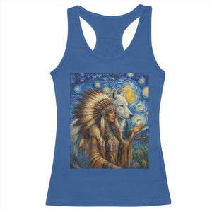 Native American Woman And White Wolf Racerback Tank Top Starry Night Inspired Art TS12 Royal Blue Print Your Wear