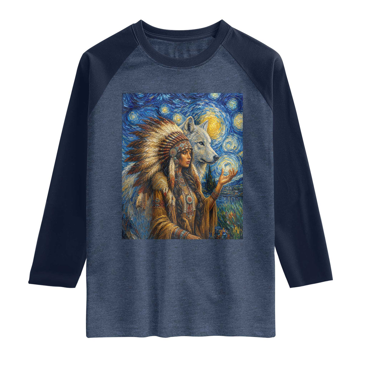 Native American Woman And White Wolf Raglan Shirt Starry Night Inspired Art TS12 Heather Denim Navy Print Your Wear
