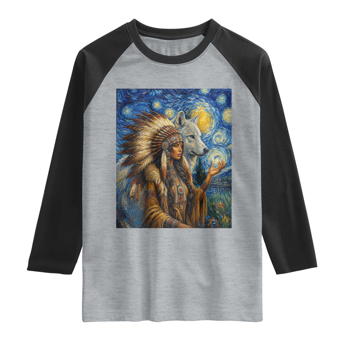 Native American Woman And White Wolf Raglan Shirt Starry Night Inspired Art TS12 Heather Gray Black Print Your Wear