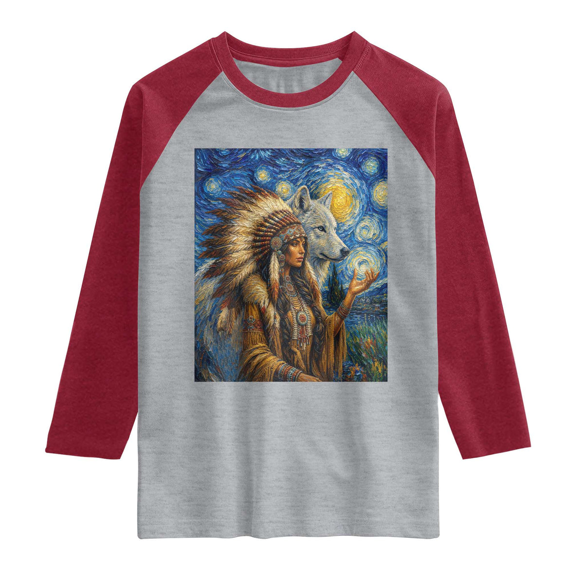 Native American Woman And White Wolf Raglan Shirt Starry Night Inspired Art TS12 Heather Gray Heather Red Print Your Wear