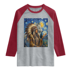 Native American Woman And White Wolf Raglan Shirt Starry Night Inspired Art TS12 Heather Gray Heather Red Print Your Wear