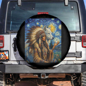 Native American Woman And White Wolf Spare Tire Cover Starry Night Inspired Art TS12 No hole Black Print Your Wear
