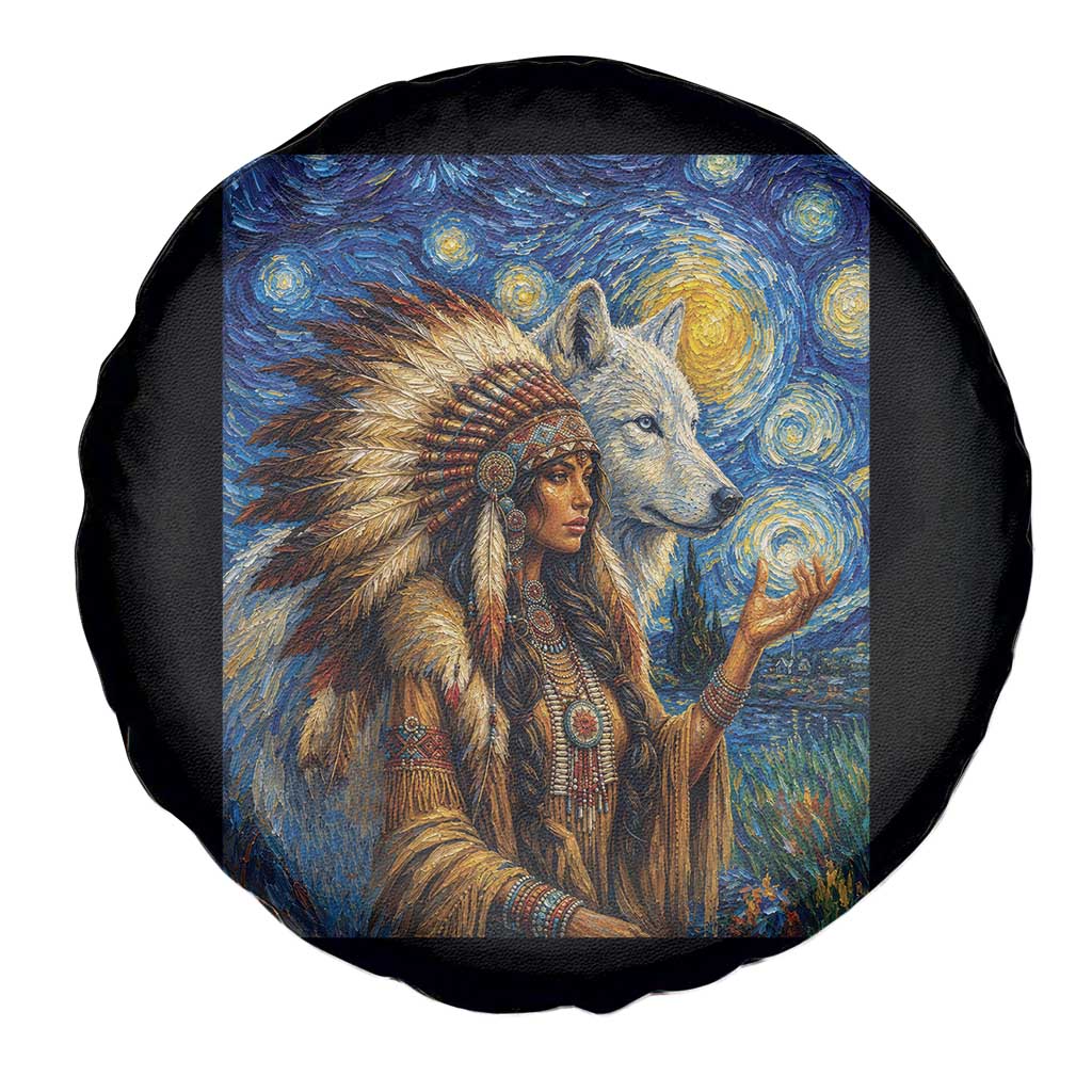 Native American Woman And White Wolf Spare Tire Cover Starry Night Inspired Art TS12 Print Your Wear