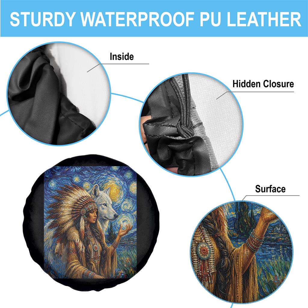 Native American Woman And White Wolf Spare Tire Cover Starry Night Inspired Art TS12 Print Your Wear