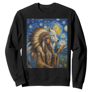 Native American Woman And White Wolf Sweatshirt Starry Night Inspired Art TS12 Black Print Your Wear