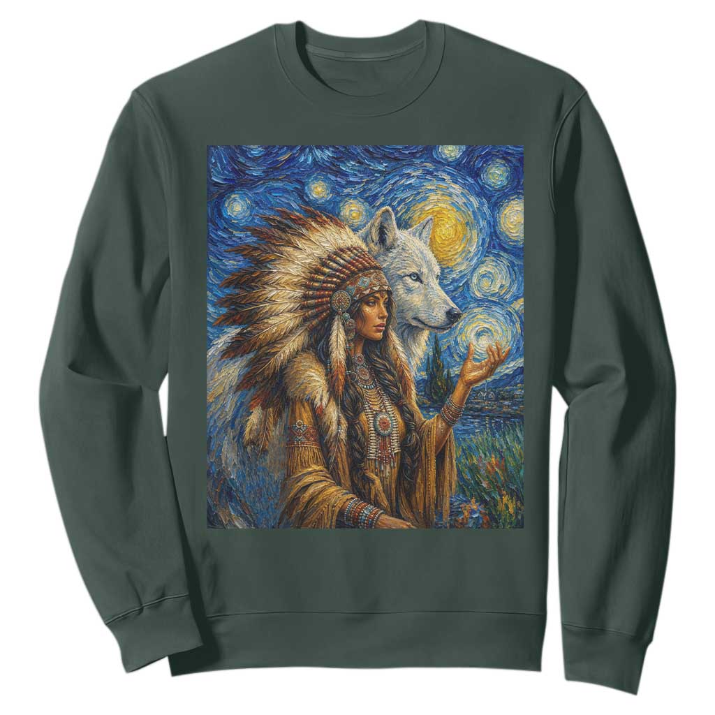 Native American Woman And White Wolf Sweatshirt Starry Night Inspired Art TS12 Dark Forest Green Print Your Wear