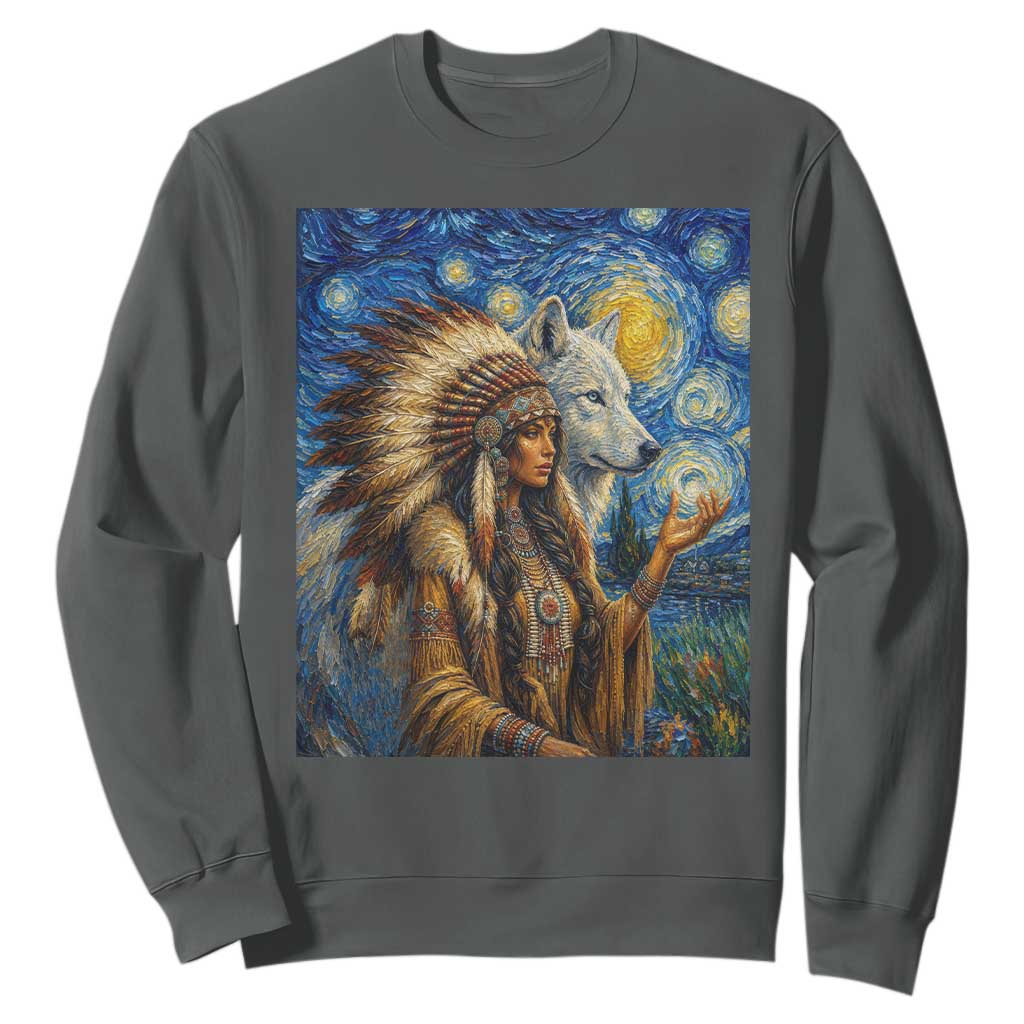 Native American Woman And White Wolf Sweatshirt Starry Night Inspired Art TS12 Dark Heather Print Your Wear