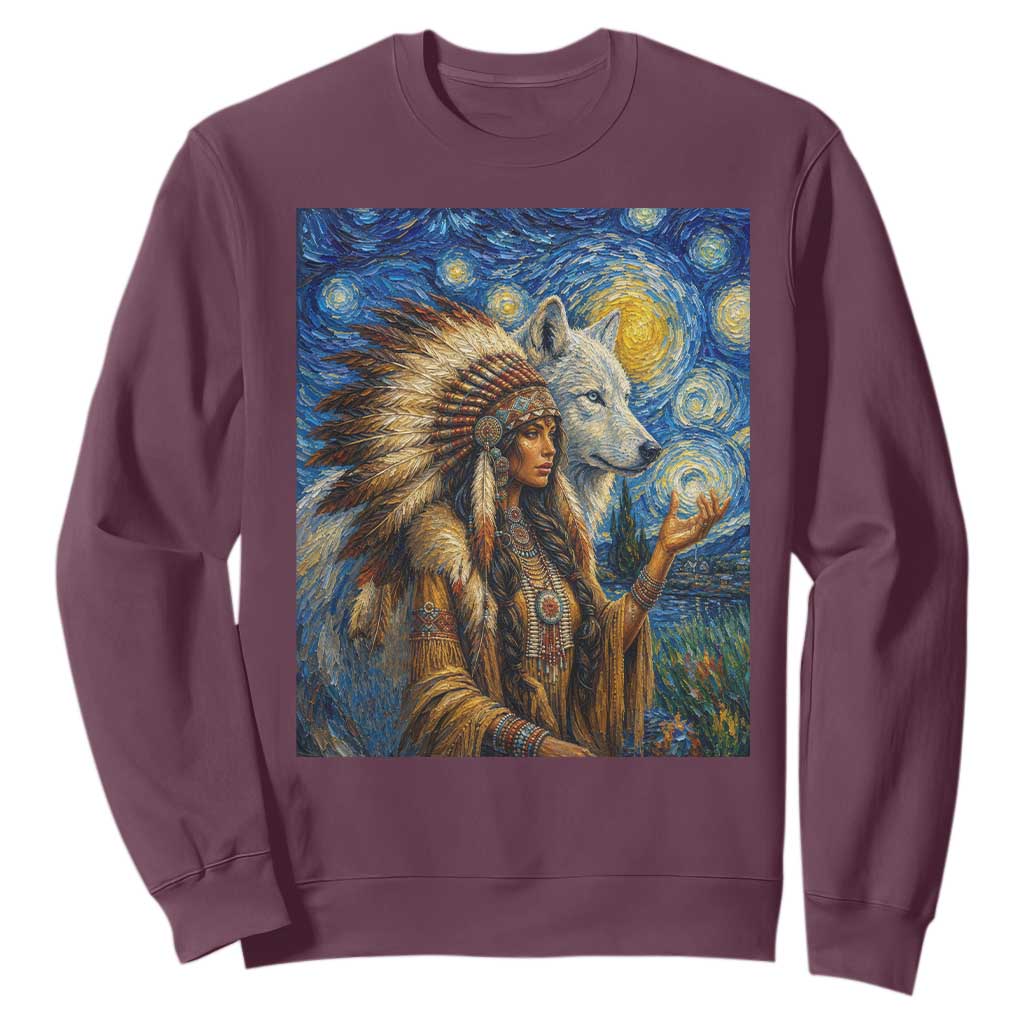 Native American Woman And White Wolf Sweatshirt Starry Night Inspired Art TS12 Maroon Print Your Wear