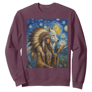 Native American Woman And White Wolf Sweatshirt Starry Night Inspired Art TS12 Maroon Print Your Wear