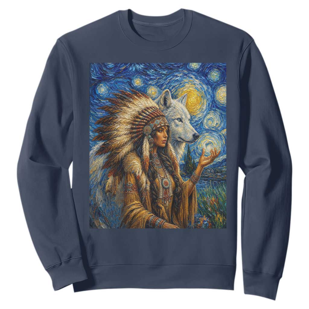 Native American Woman And White Wolf Sweatshirt Starry Night Inspired Art TS12 Navy Print Your Wear