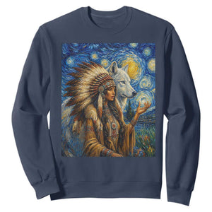 Native American Woman And White Wolf Sweatshirt Starry Night Inspired Art TS12 Navy Print Your Wear