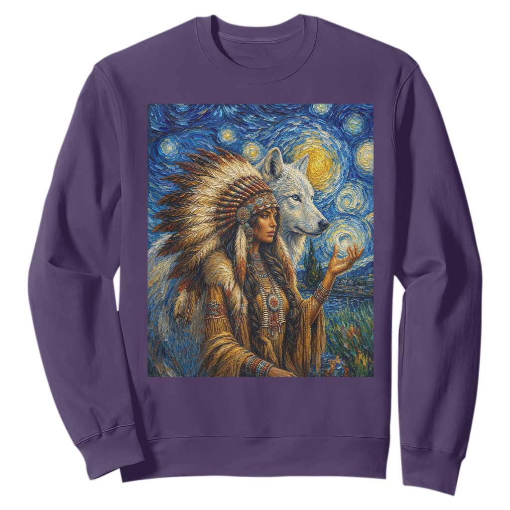 Native American Woman And White Wolf Sweatshirt Starry Night Inspired Art TS12 Purple Print Your Wear
