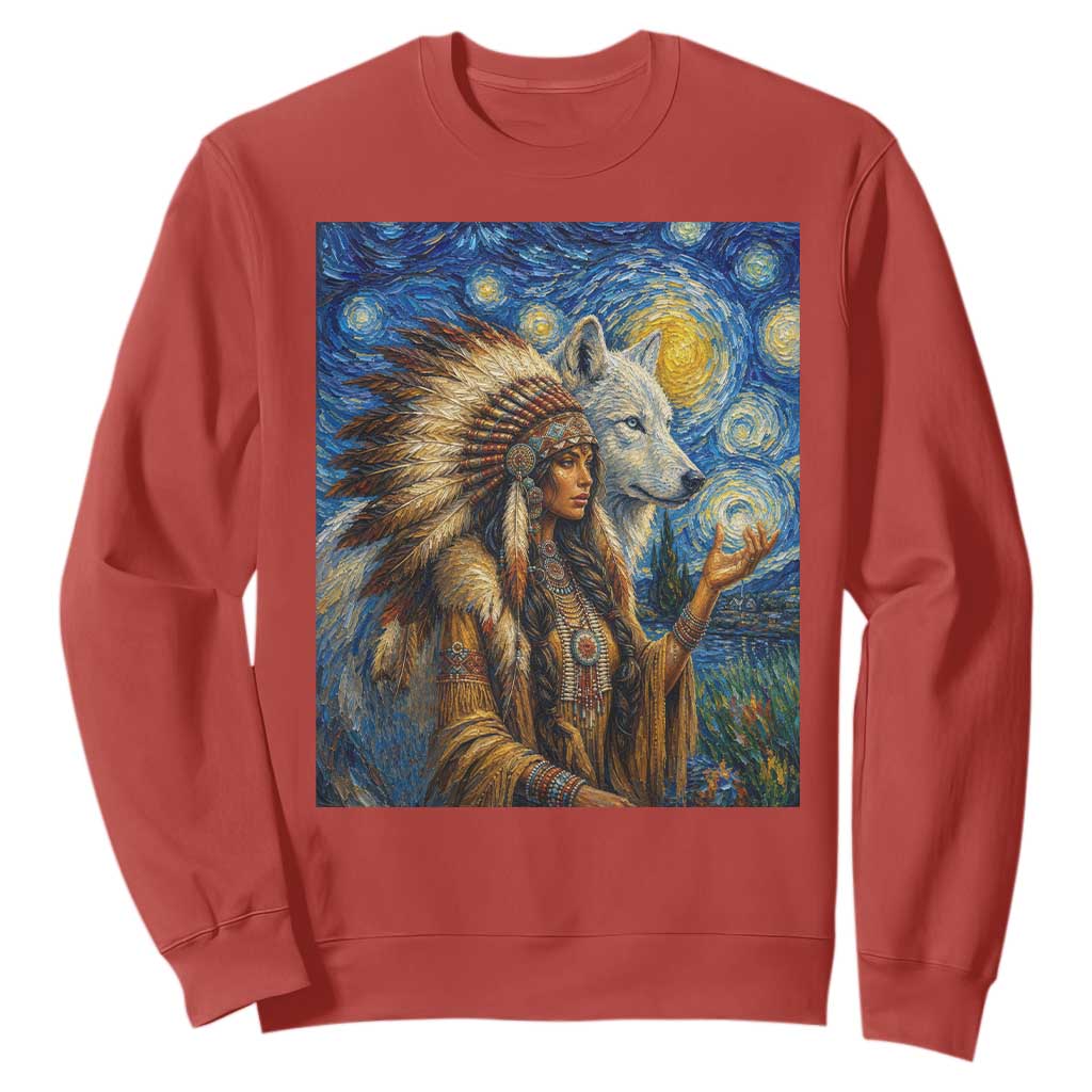 Native American Woman And White Wolf Sweatshirt Starry Night Inspired Art TS12 Red Print Your Wear