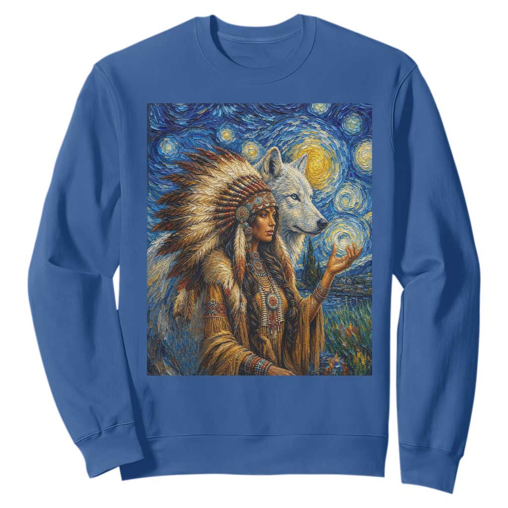 Native American Woman And White Wolf Sweatshirt Starry Night Inspired Art TS12 Royal Blue Print Your Wear