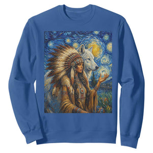 Native American Woman And White Wolf Sweatshirt Starry Night Inspired Art TS12 Royal Blue Print Your Wear