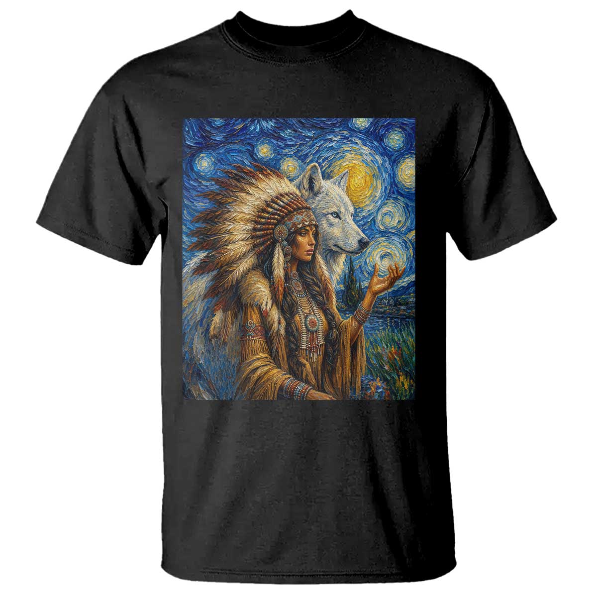 Native American Woman And White Wolf T Shirt Starry Night Inspired Art TS12 Black Print Your Wear