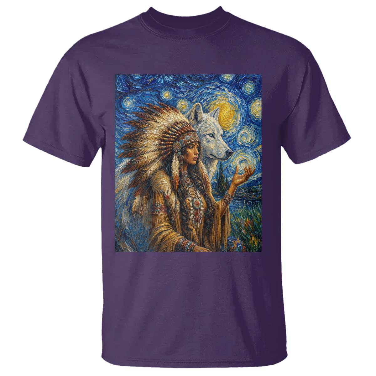 Native American Woman And White Wolf T Shirt Starry Night Inspired Art TS12 Purple Print Your Wear