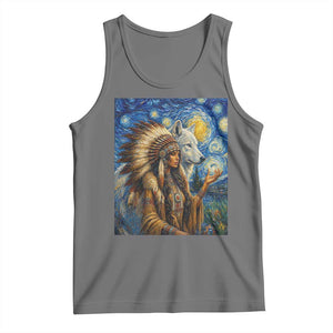 Native American Woman And White Wolf Tank Top Starry Night Inspired Art TS12 Black Heather Print Your Wear