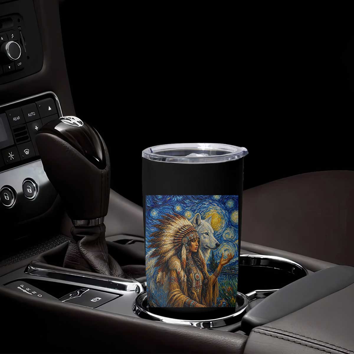 Native American Woman And White Wolf Tumbler Cup Starry Night Inspired Art TS12 Print Your Wear