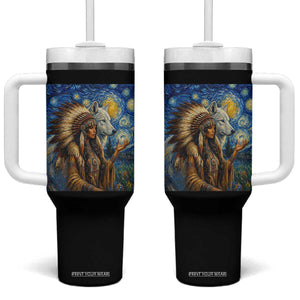 Native American Woman And White Wolf Tumbler With Handle Starry Night Inspired Art TS12 One Size: 40 oz Black Print Your Wear