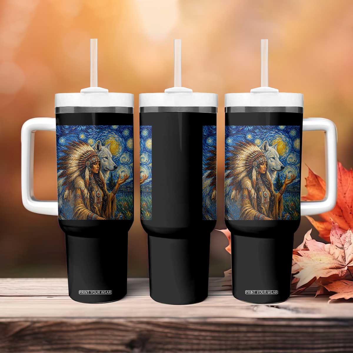 Native American Woman And White Wolf Tumbler With Handle Starry Night Inspired Art TS12 Print Your Wear