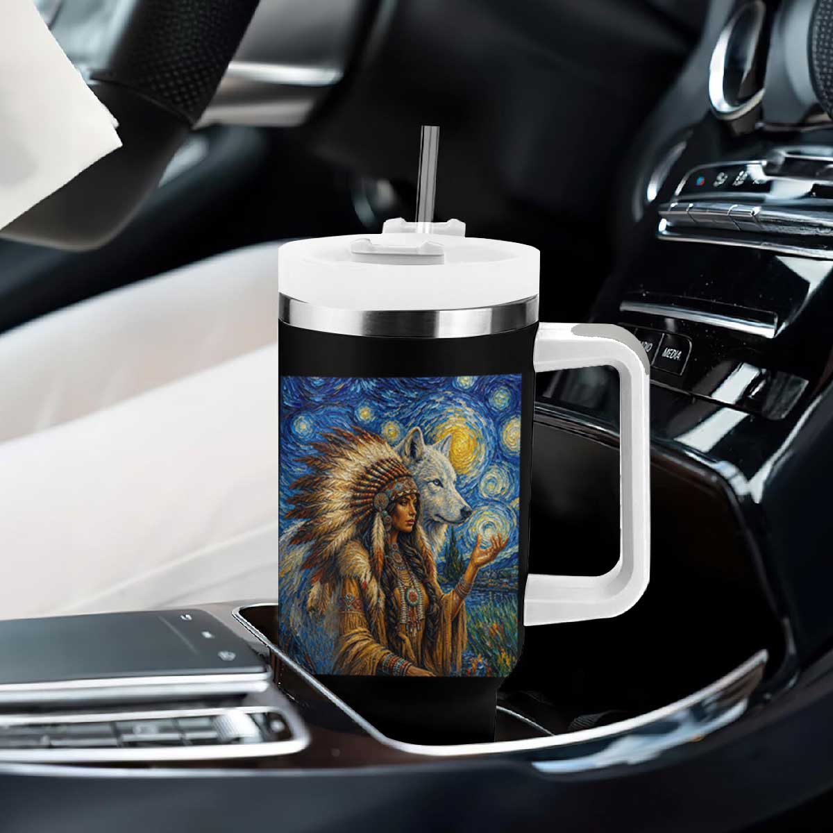 Native American Woman And White Wolf Tumbler With Handle Starry Night Inspired Art TS12 Print Your Wear