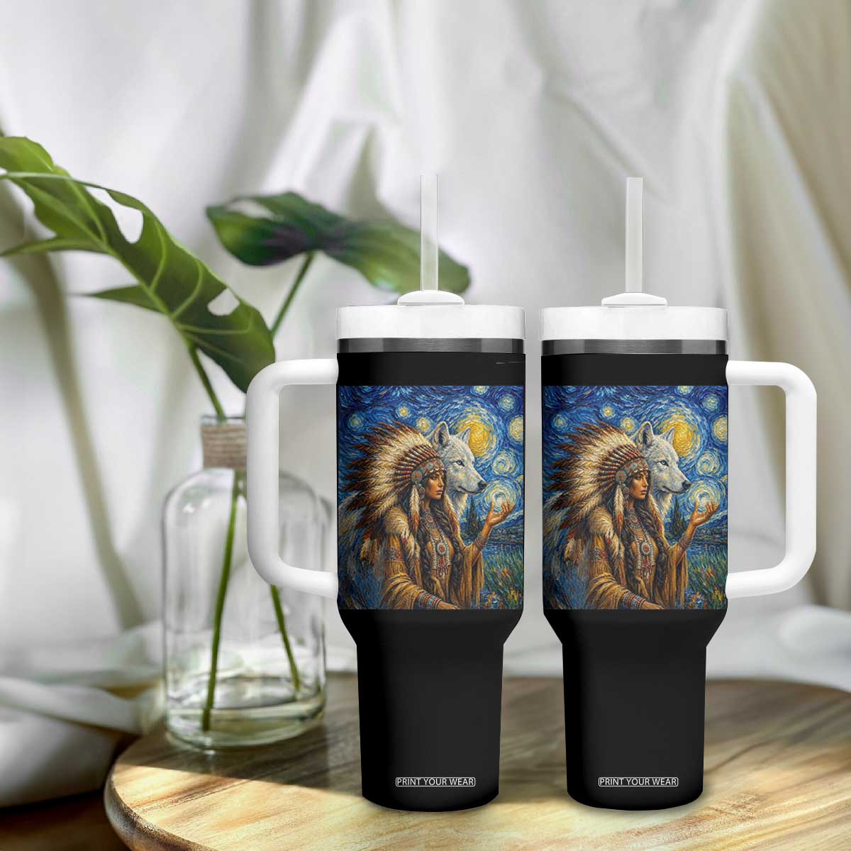Native American Woman And White Wolf Tumbler With Handle Starry Night Inspired Art TS12 Print Your Wear