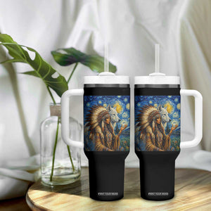 Native American Woman And White Wolf Tumbler With Handle Starry Night Inspired Art TS12 Print Your Wear