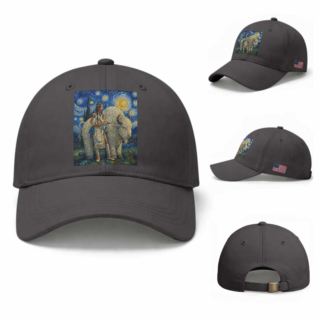 White Buffalo Woman Baseball Cap North American Native Legends Starry Night Inspired Art TS12 Baseball Cap Universal Fit Dark Gray Print Your Wear