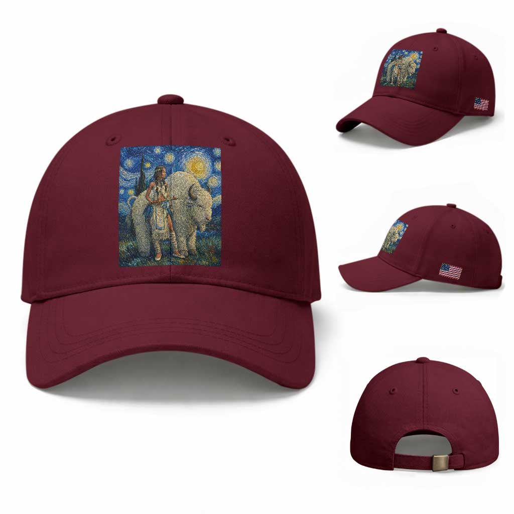 White Buffalo Woman Baseball Cap North American Native Legends Starry Night Inspired Art TS12 Baseball Cap Universal Fit Maroon Print Your Wear
