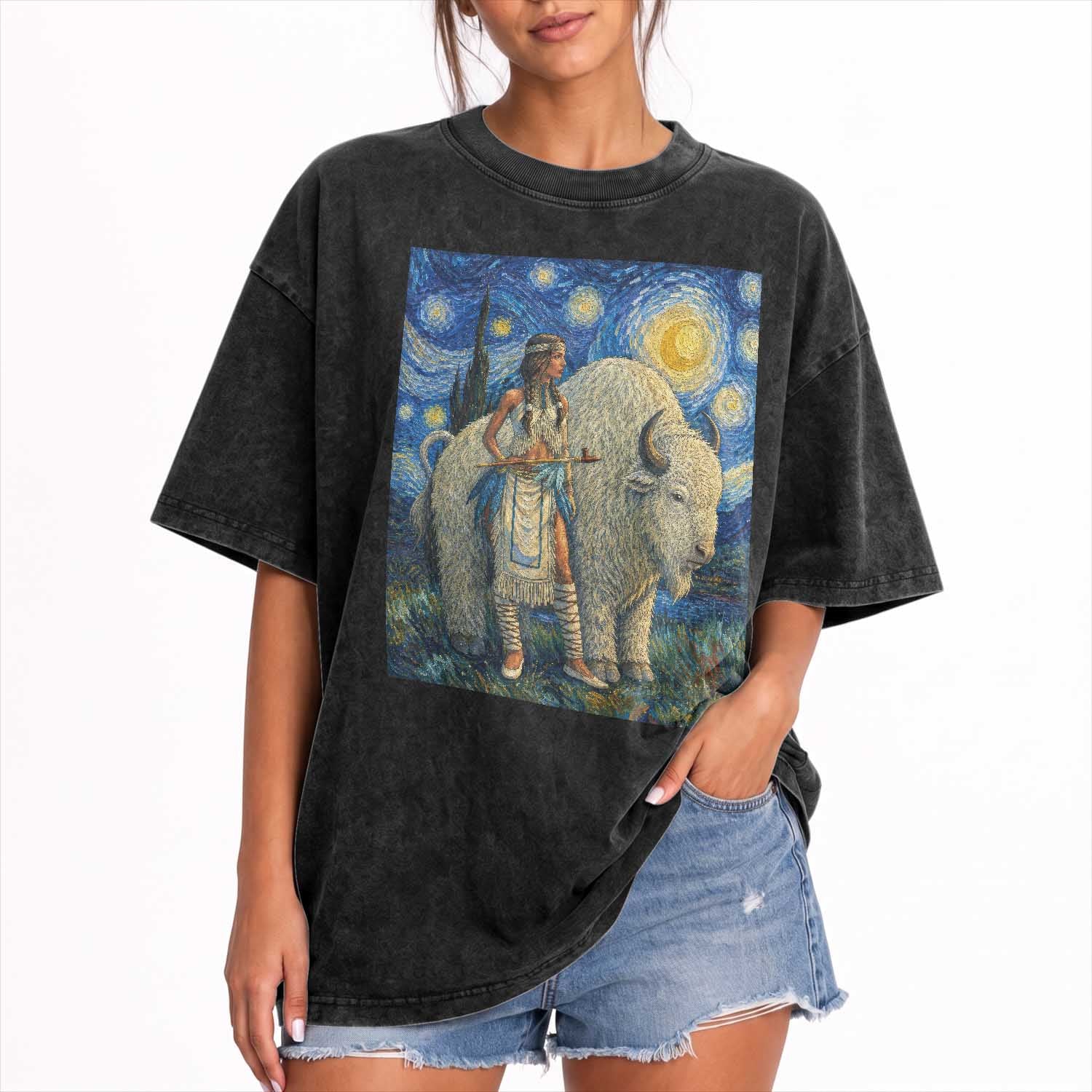 White Buffalo Woman Washed Cotton T-Shirt North American Native Legends Starry Night Inspired Art
