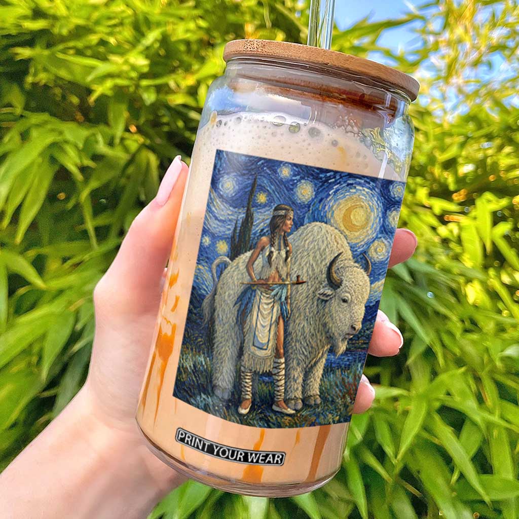 White Buffalo Woman Glass Can North American Native Legends Starry Night Inspired Art TS12 Black Print Your Wear