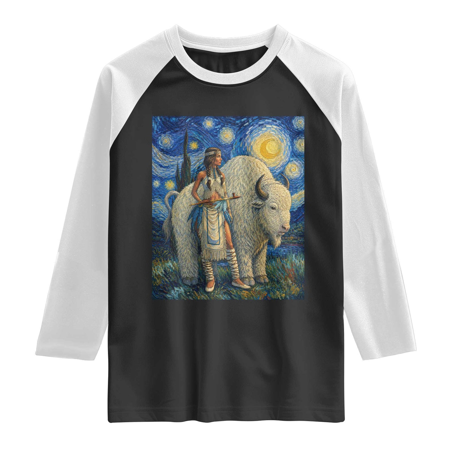 White Buffalo Woman Raglan Shirt North American Native Legends Starry Night Inspired Art TS12 Black White Print Your Wear