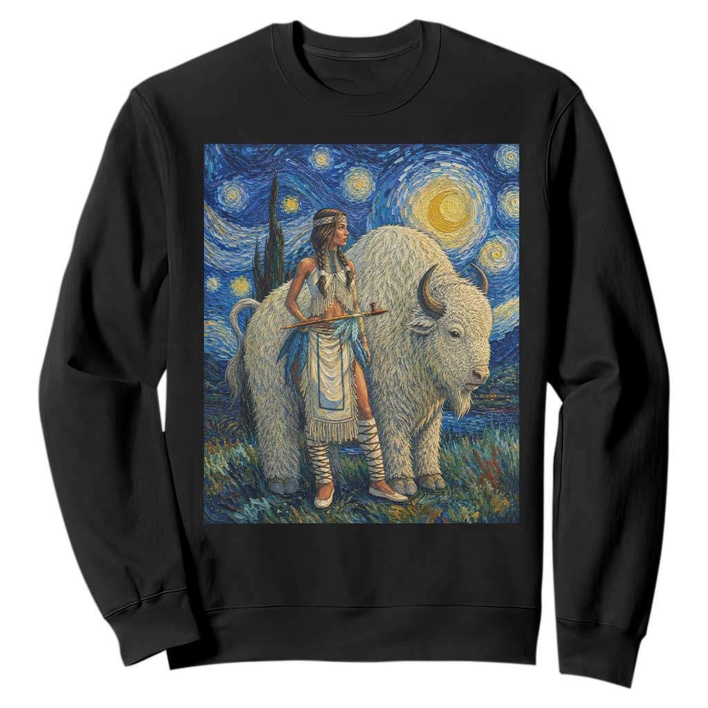 White Buffalo Woman Sweatshirt North American Native Legends Starry Night Inspired Art TS12 Black Print Your Wear