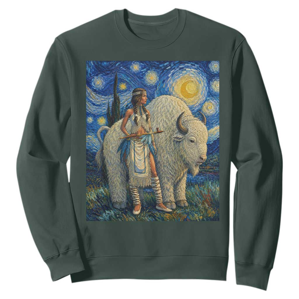 White Buffalo Woman Sweatshirt North American Native Legends Starry Night Inspired Art TS12 Dark Forest Green Print Your Wear