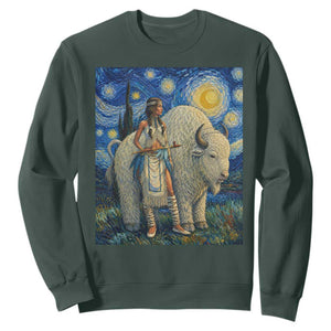 White Buffalo Woman Sweatshirt North American Native Legends Starry Night Inspired Art TS12 Dark Forest Green Print Your Wear