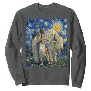 White Buffalo Woman Sweatshirt North American Native Legends Starry Night Inspired Art TS12 Dark Heather Print Your Wear