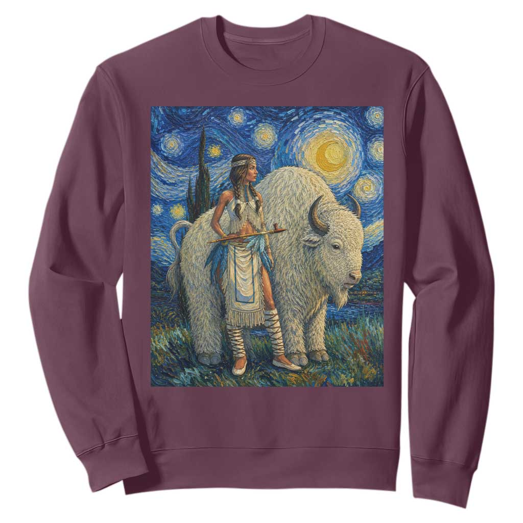 White Buffalo Woman Sweatshirt North American Native Legends Starry Night Inspired Art TS12 Maroon Print Your Wear